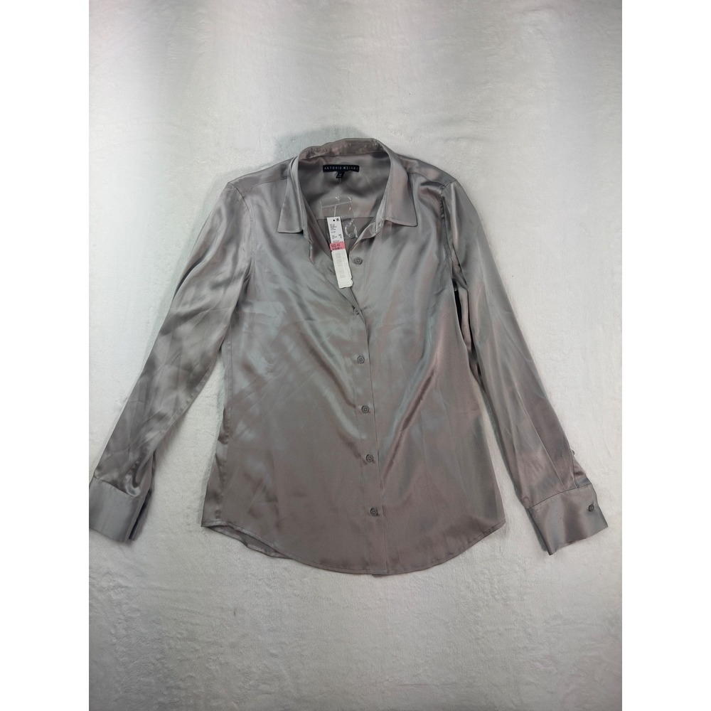 Antonio Melani Yana Silver Satin SILK Button Down Blouse Long Sleeve XS NEW